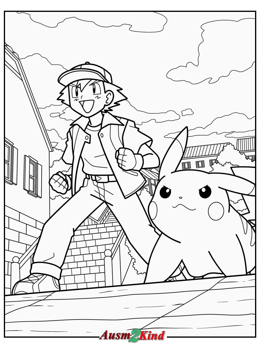 Ausmalbild Ash und Pikachu Kostenlos