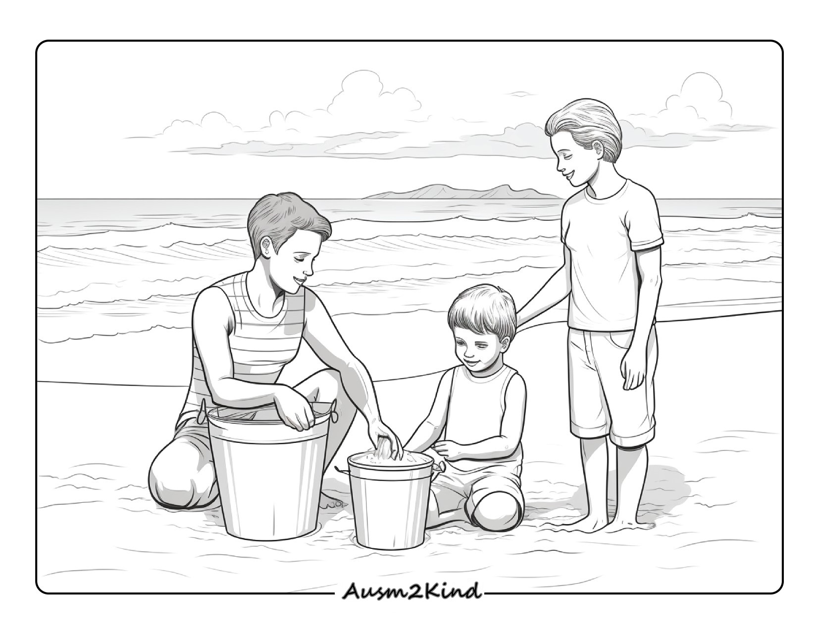 Kleine Familie am Strand Ausmalbild