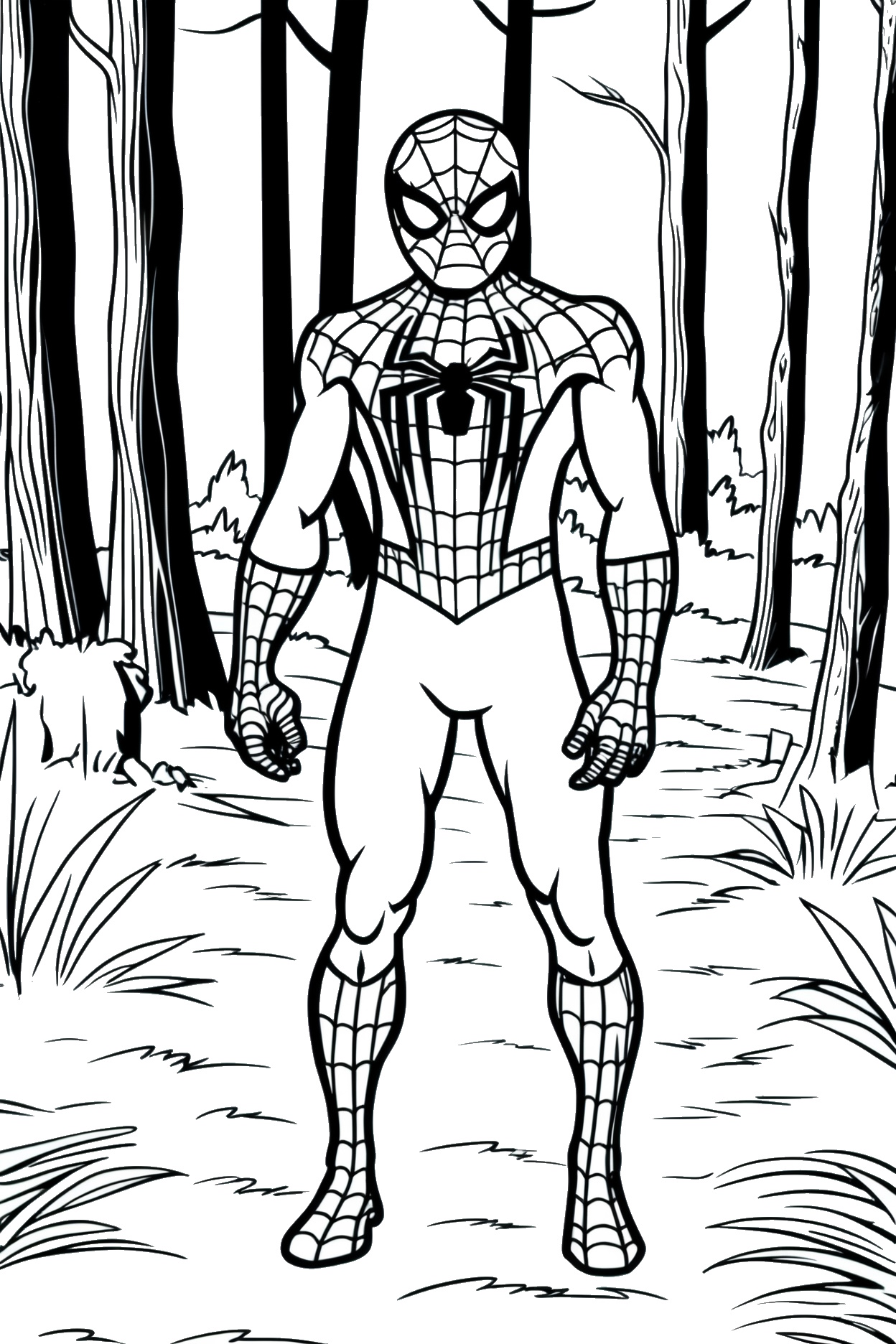 Malvorlagen Spiderman Wandert im Wald zum Ausdrucken