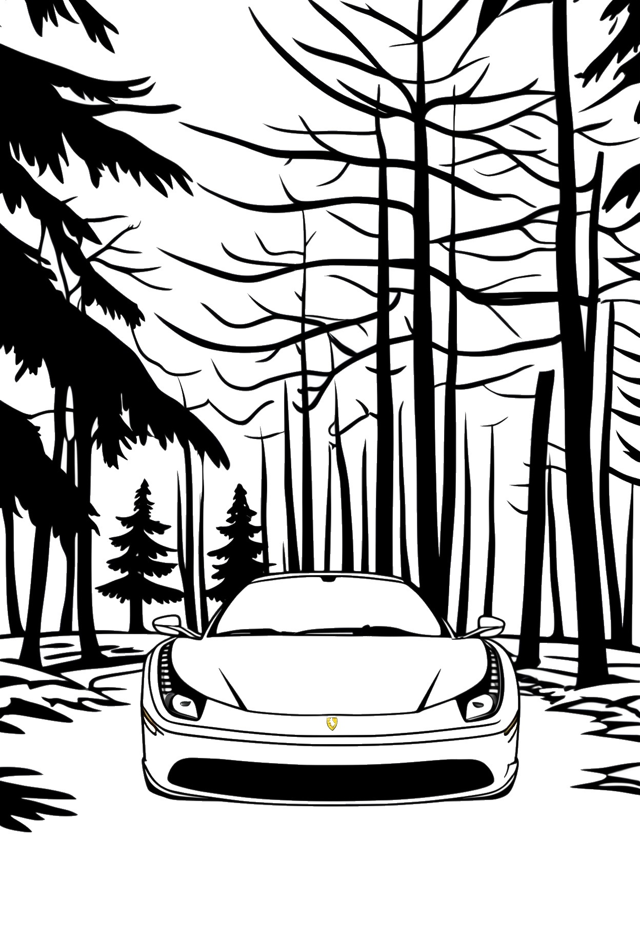 Ausmalbild Ferrari im Wald zum Ausdrucken