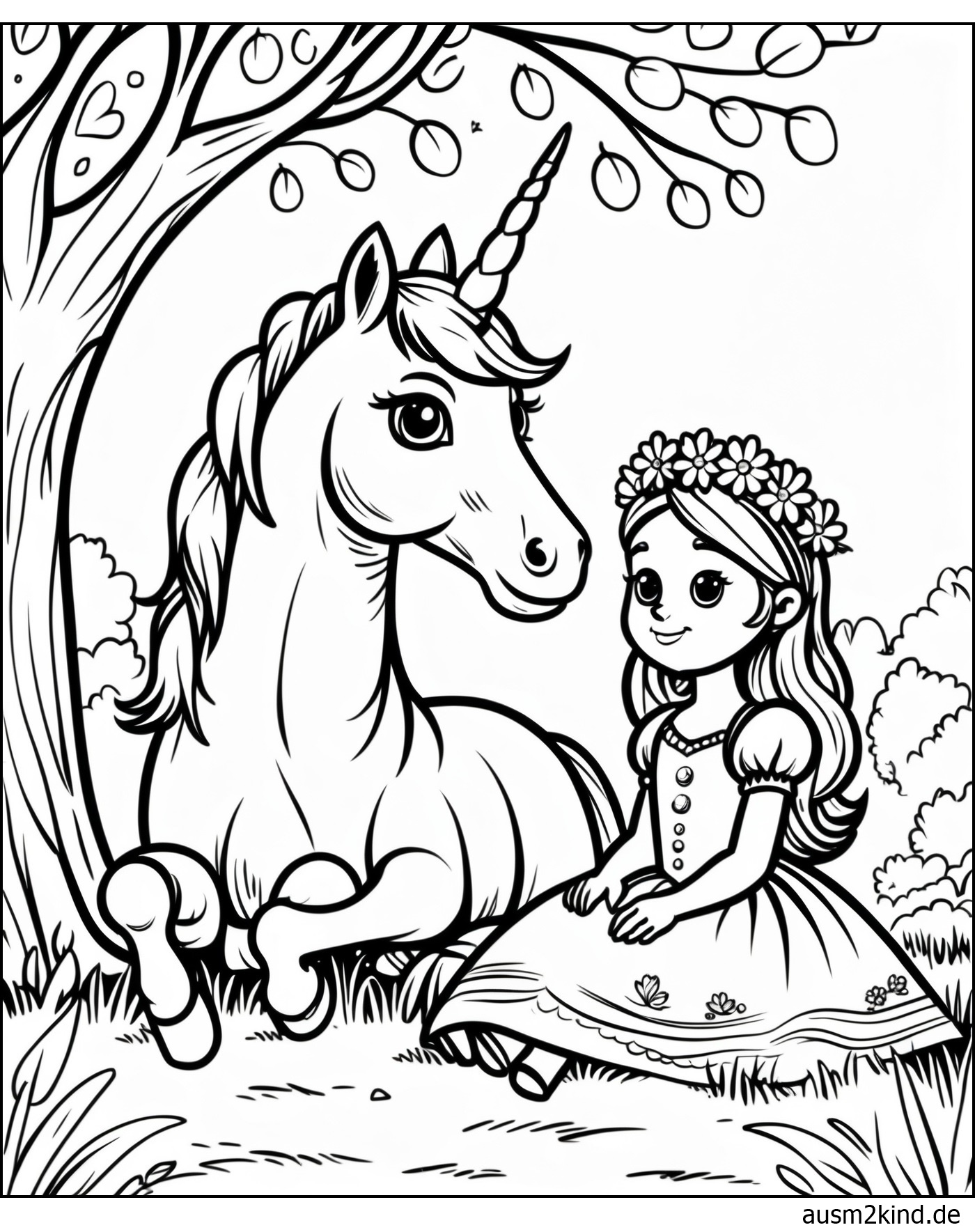 Ausmalbilder Einhorn mit Prinzessin