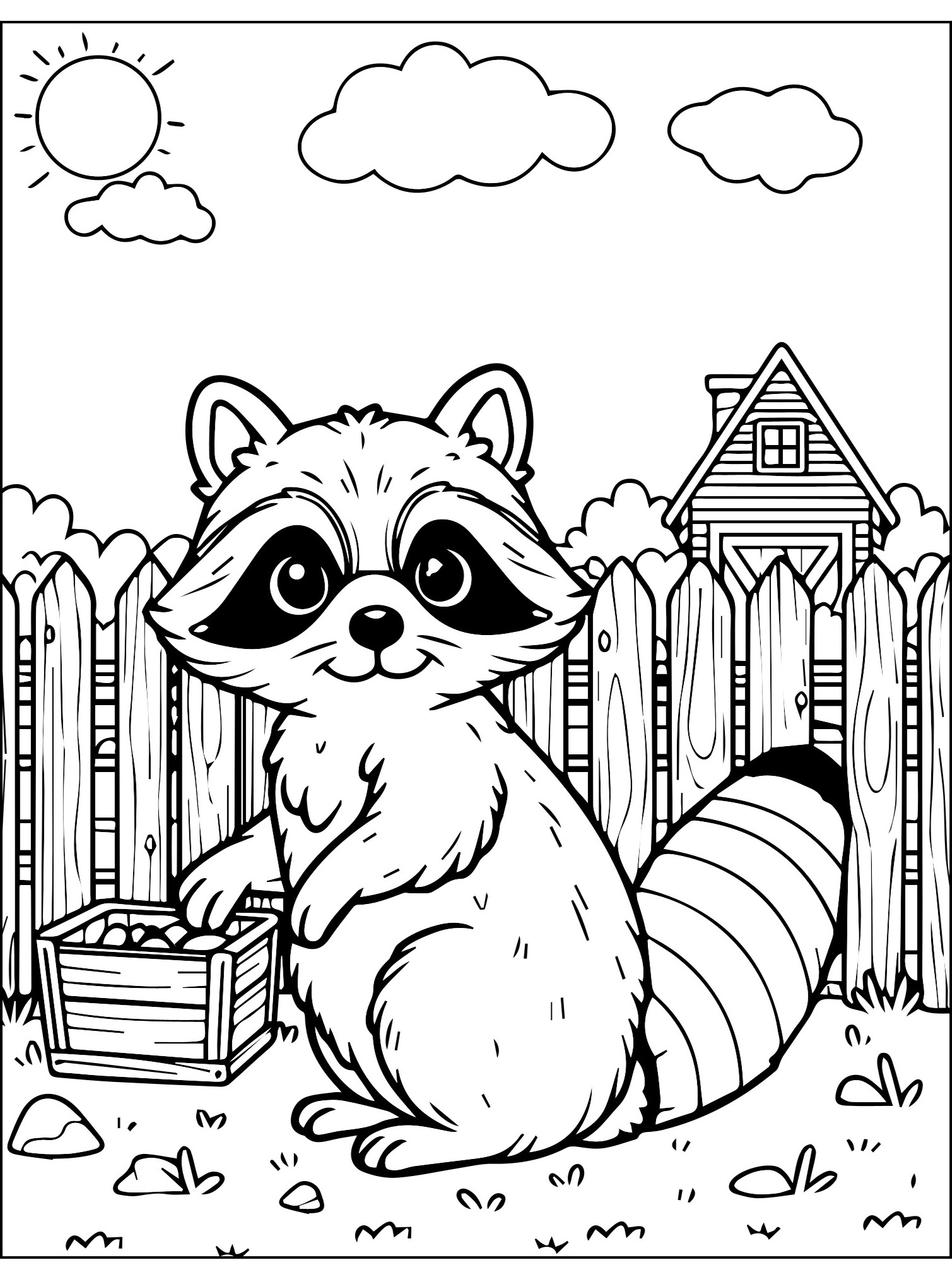 Ausmalbild Malvorlage Waschbär auf der Farm