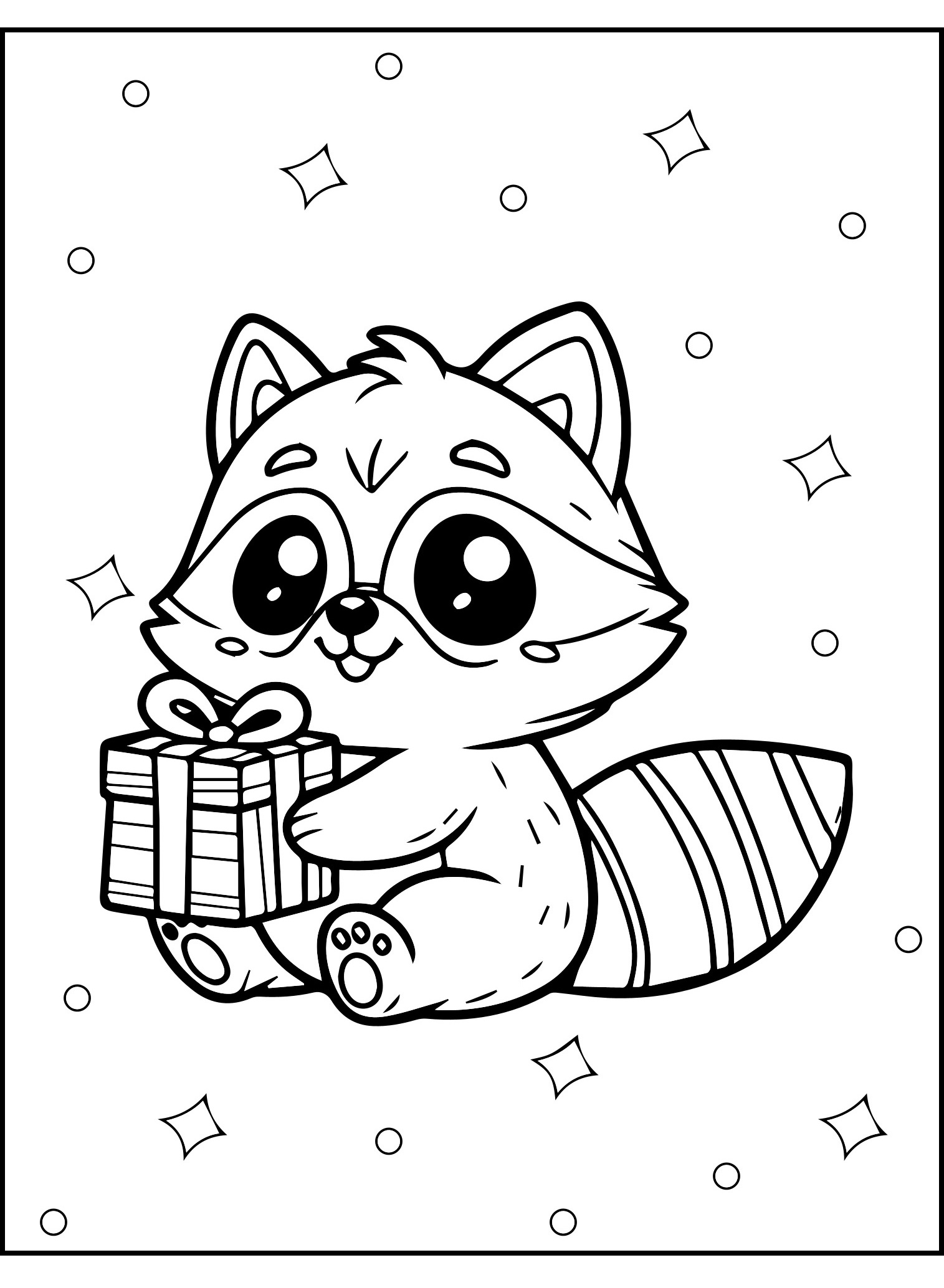 Niedlicher Waschbär mit einem Geschenk Ausmalbild