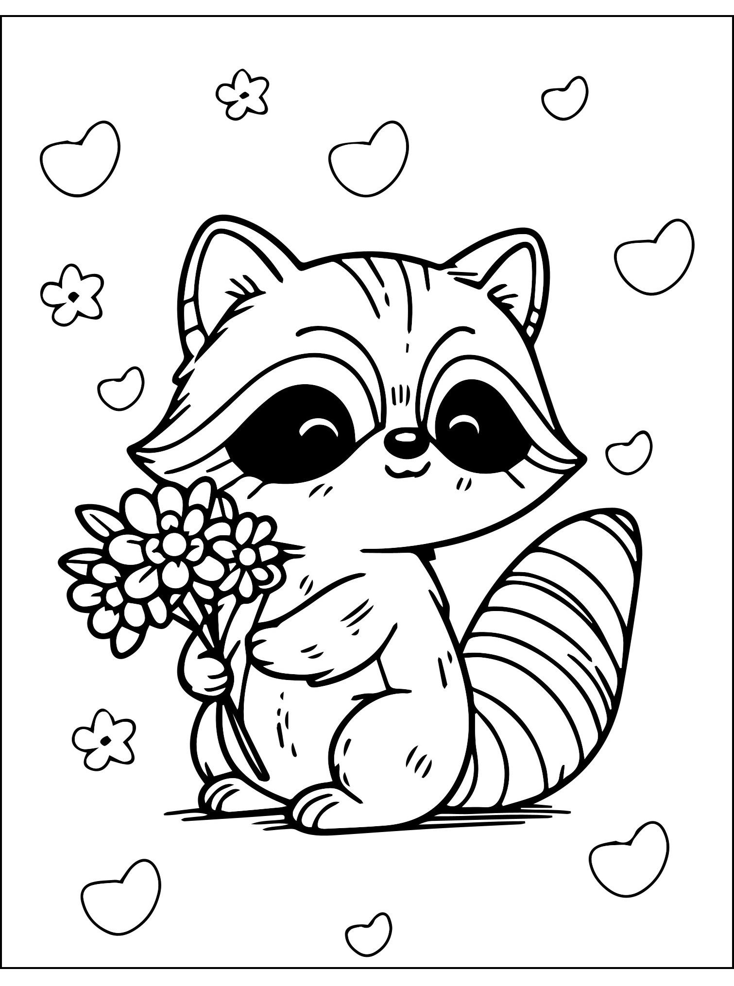 Ausmalbild Waschbär hält viele Blumen
