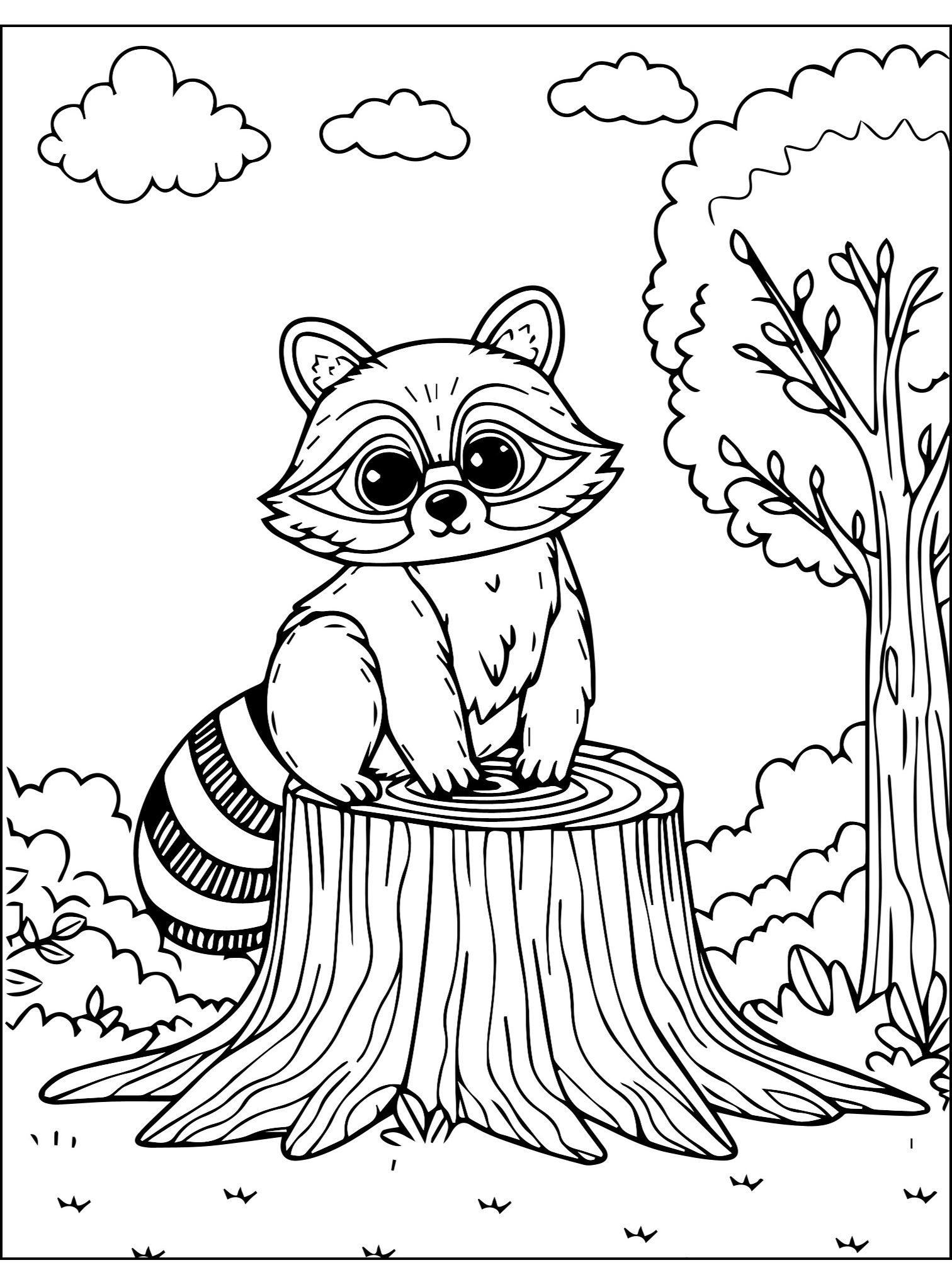 Ausmalbild Waschbär sitzt auf einem Baumstamm